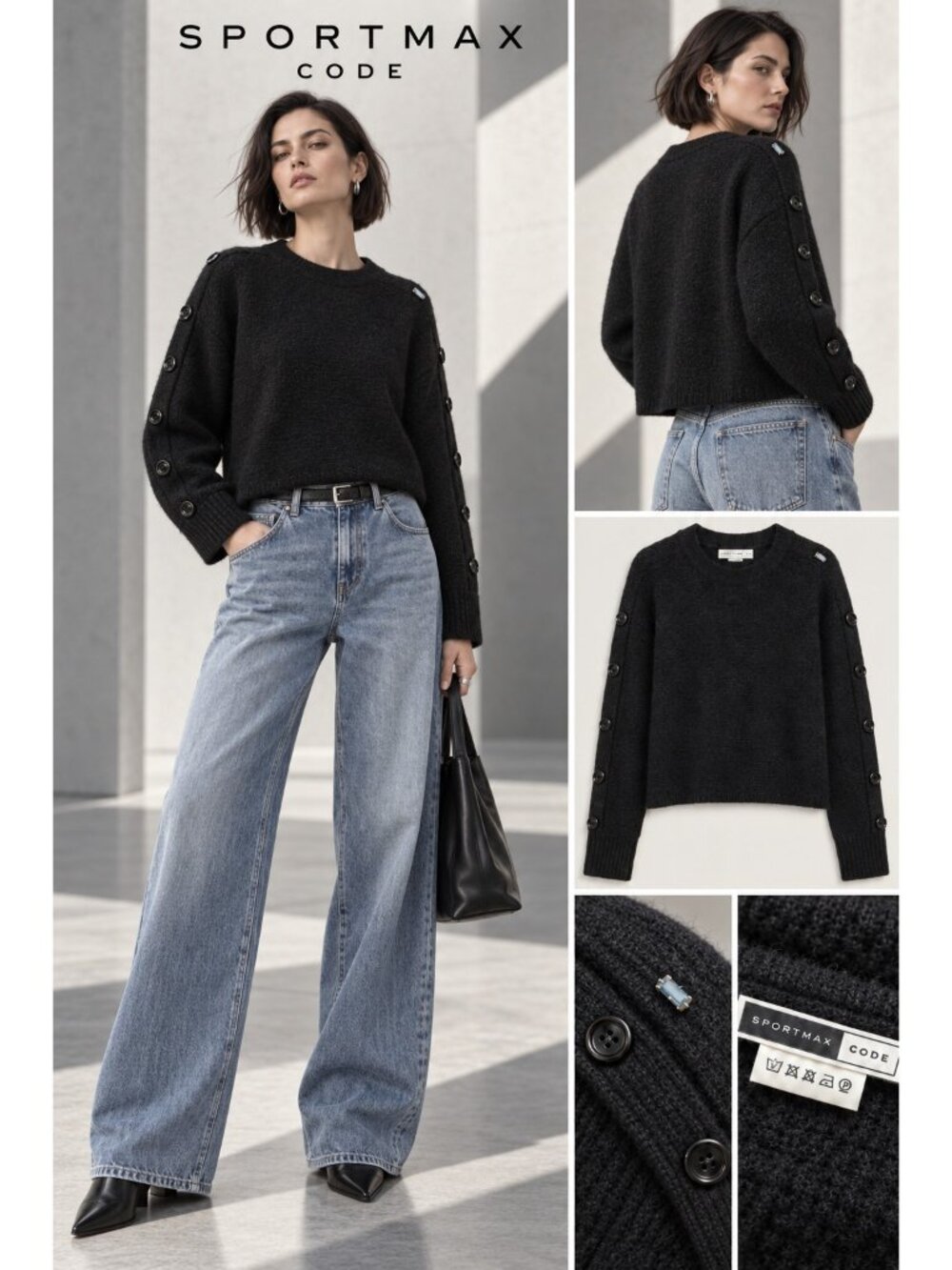 Sportmax Code Black Wool Blend Knit Sweater Button Sleeves M/ L